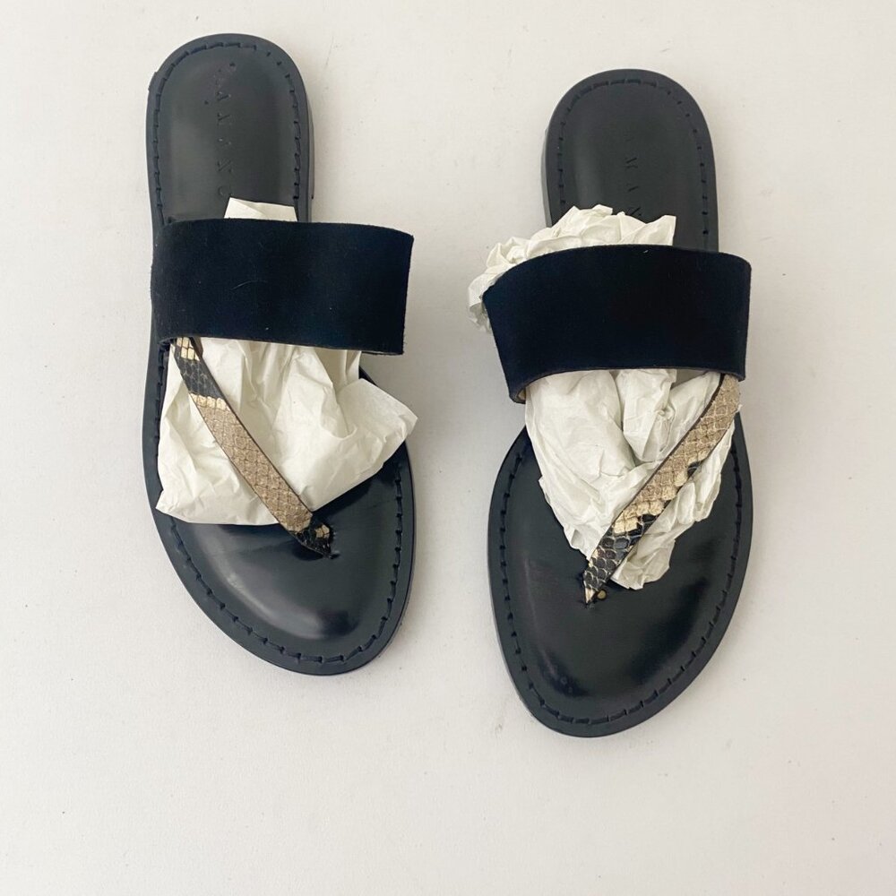 Amanu Sandals Shoes Black Snakeskin Embossed